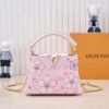 Capucines Mini Model: 13249 Pink Material: Plain Textured Painted Design Hardware Upgrade Highlights: LV logo, unique edge ring, intricate Monogram flowers on the flip cover. Size: 21×14×8cm
