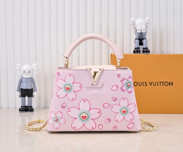 Capucines BB model: 13250 Pink Material: Plain weave with graffiti design, upgraded hardware. Highlights: LV logo, unique edge ring, and delicate Monogram flowers on the flip cover. Size: 27×18×9cm