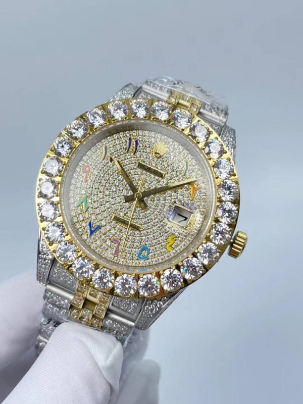 Rolex's new full-diamond large-diameter bezel, with colorful Arabic numerals in a starburst pattern, measures 43mm.