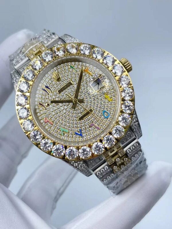 Rolex's new full-diamond large-diameter bezel, with colorful Arabic numerals in a starburst pattern, measures 43mm.