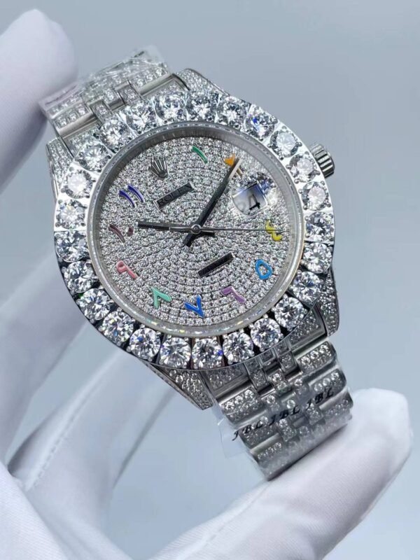 Rolex's new full-diamond large-diameter bezel, with colorful Arabic numerals in a starburst pattern, measures 43mm.