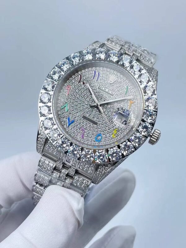 Rolex's new full-diamond large-diameter bezel, with colorful Arabic numerals in a starburst pattern, measures 43mm.