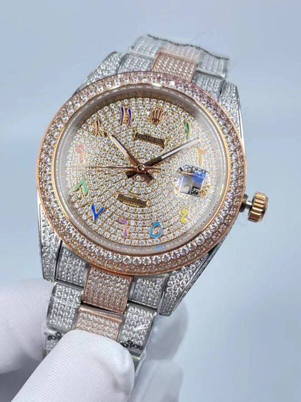 Rolex's new full-diamond flat three-leaf bracelet, with colorful Arabic numerals on a star-shaped surface, size 41mm