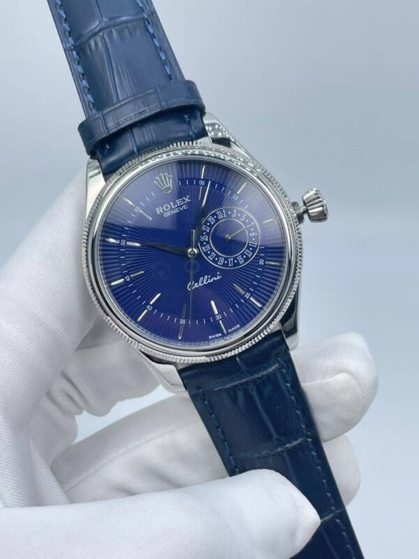 Blue dial, silver case, blue strap  39mm