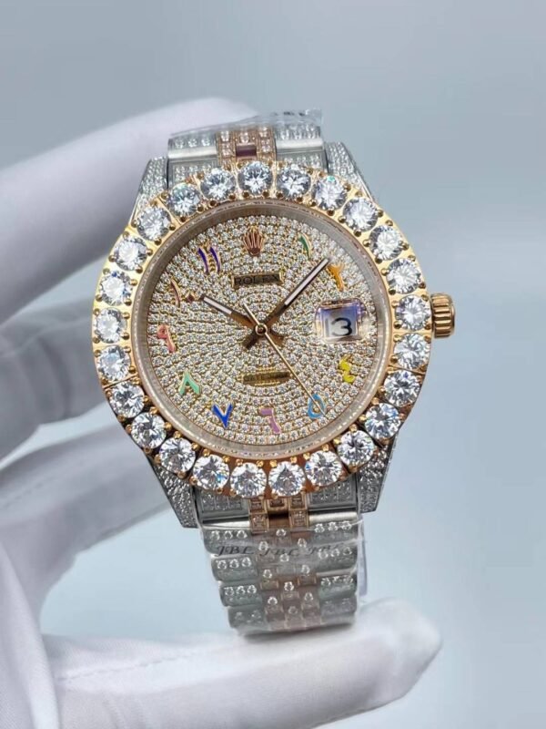 Rolex's new full-diamond large-diameter bezel, with colorful Arabic numerals in a starburst pattern, measures 43mm.