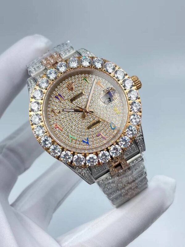 Rolex's new full-diamond large-diameter bezel, with colorful Arabic numerals in a starburst pattern, measures 43mm.