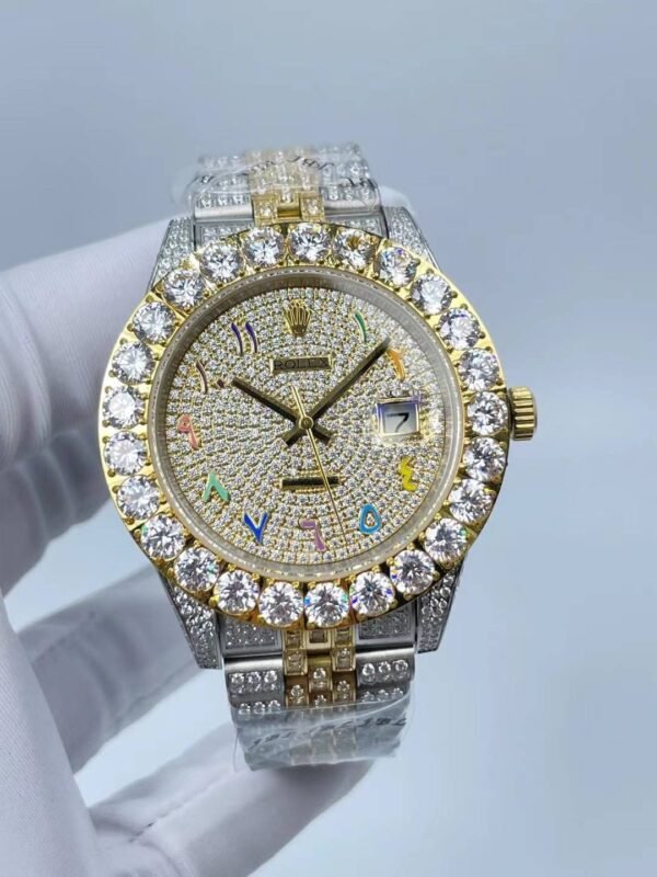 Rolex's new full-diamond large-diameter bezel, with colorful Arabic numerals in a starburst pattern, measures 43mm.