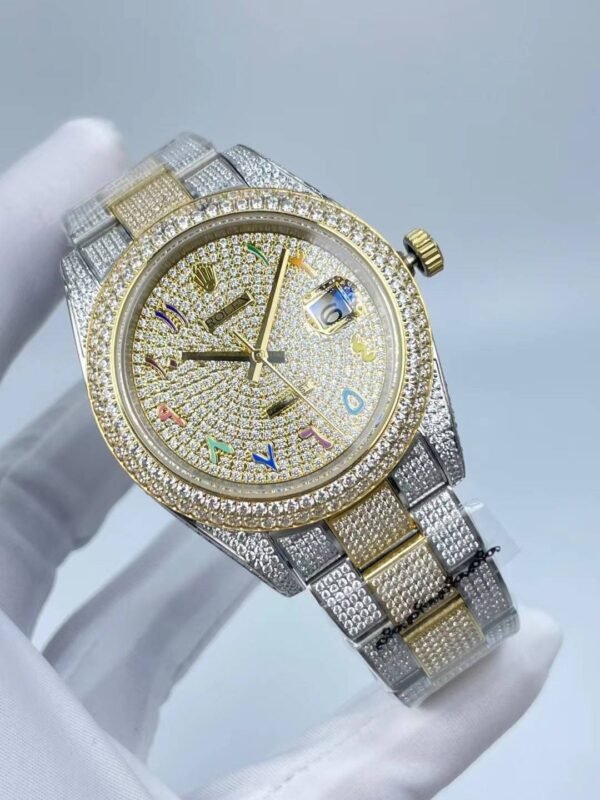 Rolex's new full-diamond flat three-leaf bracelet, with colorful Arabic numerals on a star-shaped surface, size 41mm