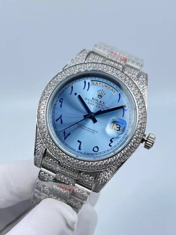 Rolex's new model with full diamonds, dual calendars, Arabic numerals on a light blue surface, size 41mm