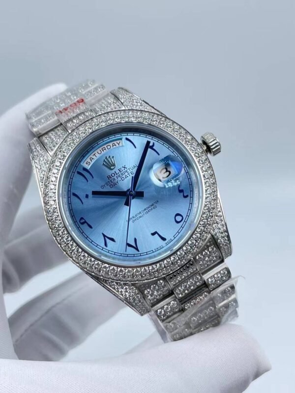 Rolex's new model with full diamonds, dual calendars, Arabic numerals on a light blue surface, size 41mm