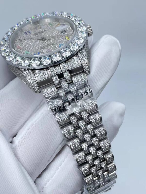 Rolex's new full-diamond large-diameter bezel, with colorful Arabic numerals in a starburst pattern, measures 43mm.