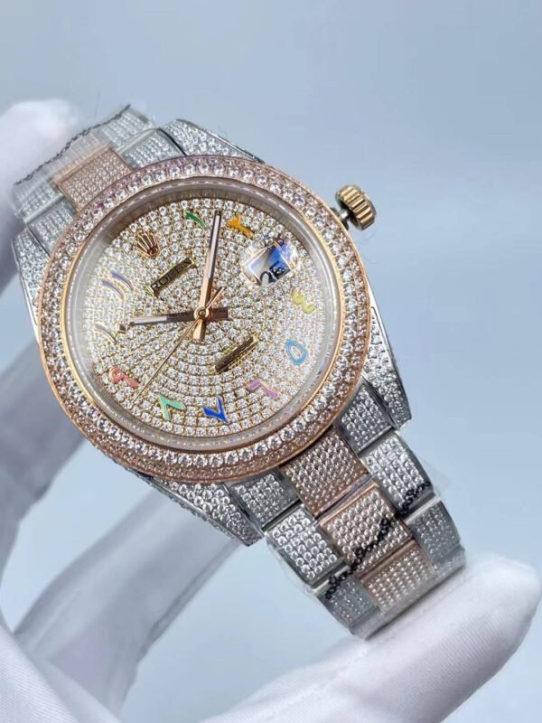 Rolex's new full-diamond flat three-leaf bracelet, with colorful Arabic numerals on a star-shaped surface, size 41mm