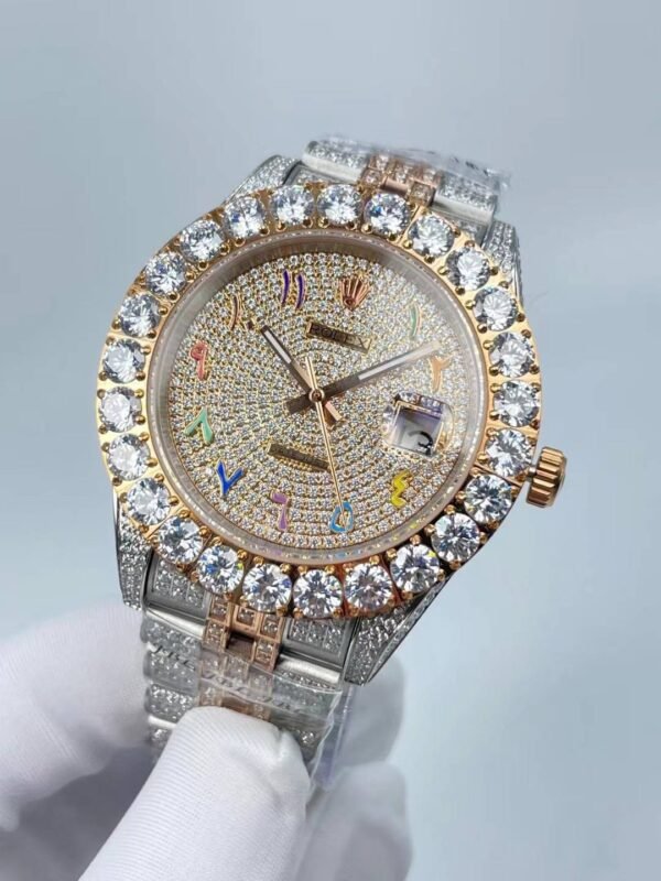 Rolex's new full-diamond large-diameter bezel, with colorful Arabic numerals in a starburst pattern, measures 43mm.