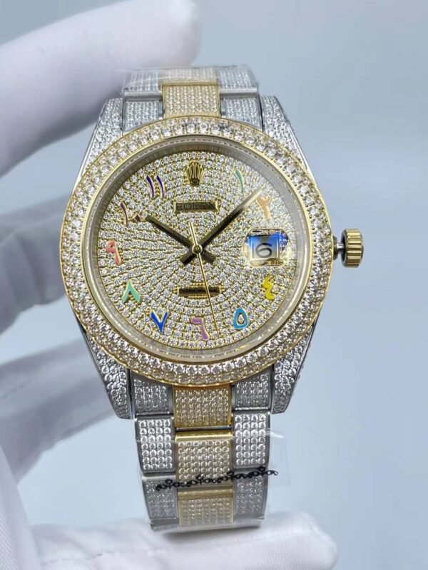 Rolex's new full-diamond flat three-leaf bracelet, with colorful Arabic numerals on a star-shaped surface, size 41mm