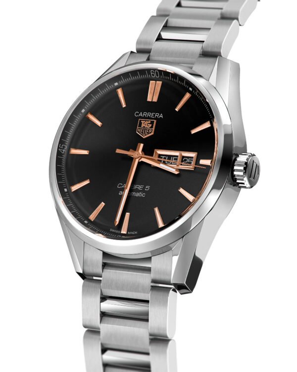 TAG Heuer Carrera Automatic, 41 mm, Steel WAR201C.BA0723 The 41mm day-date model displays the refined the TAG Heuer Carrera styling to perfection. The contrast of black dial and rose gold-plated hands, indexes, logo and Day-Date window is impactful and alluring.