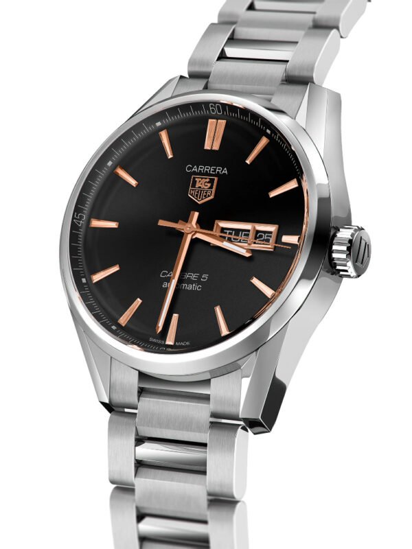 TAG Heuer Carrera Automatic, 41 mm, Steel WAR201C.BA0723 The 41mm day-date model displays the refined the TAG Heuer Carrera styling to perfection. The contrast of black dial and rose gold-plated hands, indexes, logo and Day-Date window is impactful and alluring.